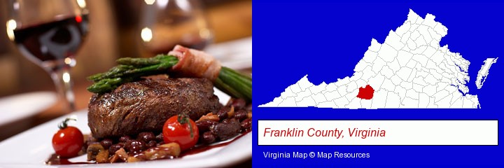 a steak dinner; Franklin County, Virginia highlighted in red on a map