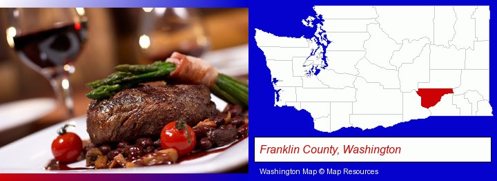 a steak dinner; Franklin County, Washington highlighted in red on a map