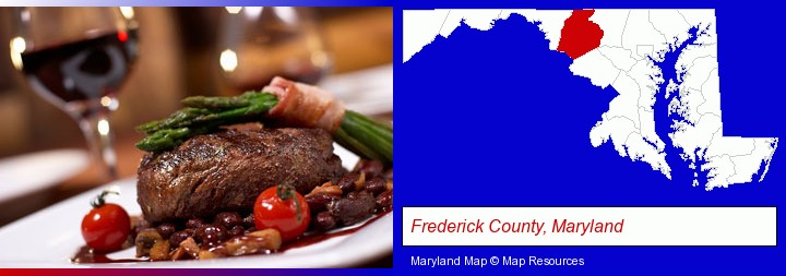 a steak dinner; Frederick County, Maryland highlighted in red on a map