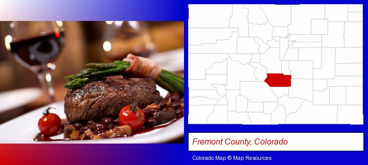 a steak dinner; Fremont County, Colorado highlighted in red on a map