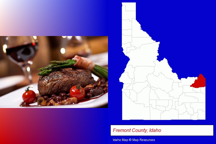 a steak dinner; Fremont County, Idaho highlighted in red on a map