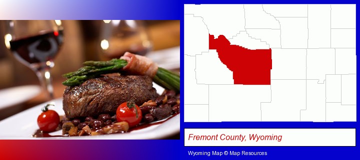 a steak dinner; Fremont County, Wyoming highlighted in red on a map