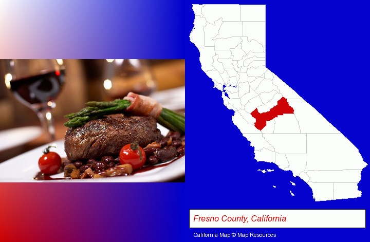a steak dinner; Fresno County, California highlighted in red on a map