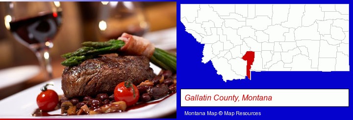 a steak dinner; Gallatin County, Montana highlighted in red on a map