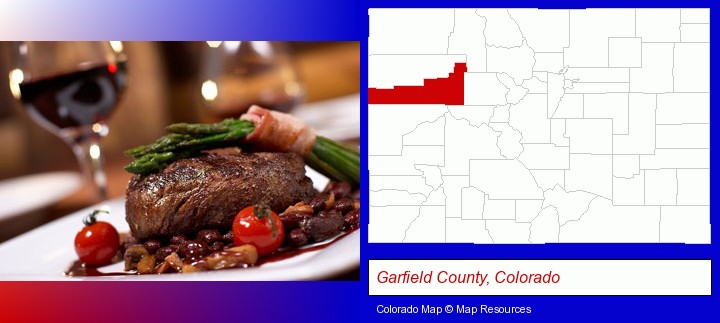 a steak dinner; Garfield County, Colorado highlighted in red on a map