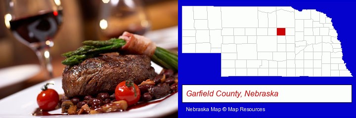 a steak dinner; Garfield County, Nebraska highlighted in red on a map