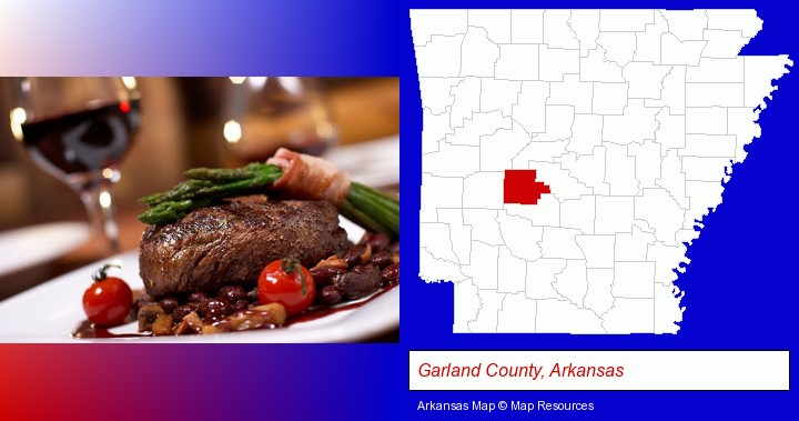 a steak dinner; Garland County, Arkansas highlighted in red on a map