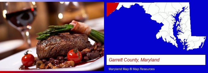 a steak dinner; Garrett County, Maryland highlighted in red on a map