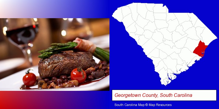 a steak dinner; Georgetown County, South Carolina highlighted in red on a map