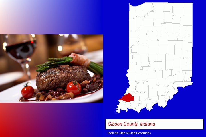 a steak dinner; Gibson County, Indiana highlighted in red on a map