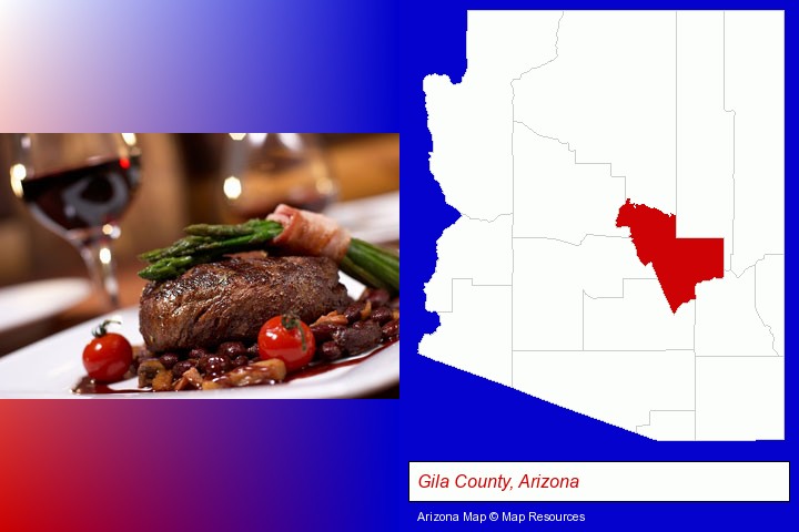 a steak dinner; Gila County, Arizona highlighted in red on a map