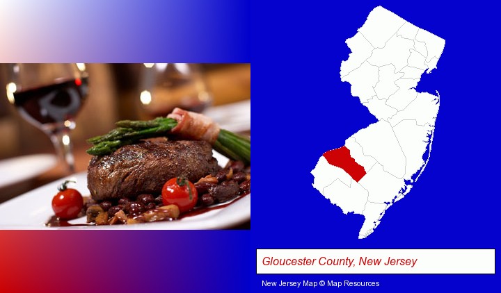 a steak dinner; Gloucester County, New Jersey highlighted in red on a map