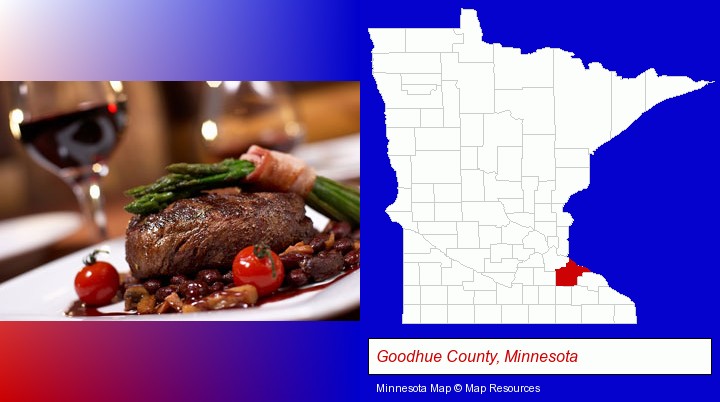 a steak dinner; Goodhue County, Minnesota highlighted in red on a map