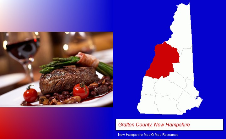 a steak dinner; Grafton County, New Hampshire highlighted in red on a map