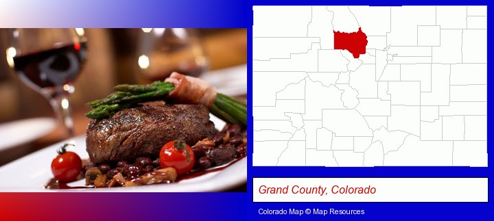 a steak dinner; Grand County, Colorado highlighted in red on a map