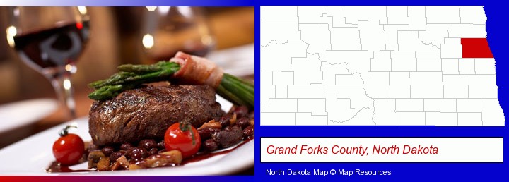 a steak dinner; Grand Forks County, North Dakota highlighted in red on a map