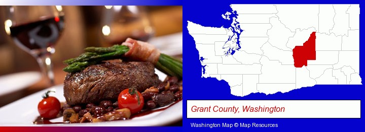 a steak dinner; Grant County, Washington highlighted in red on a map