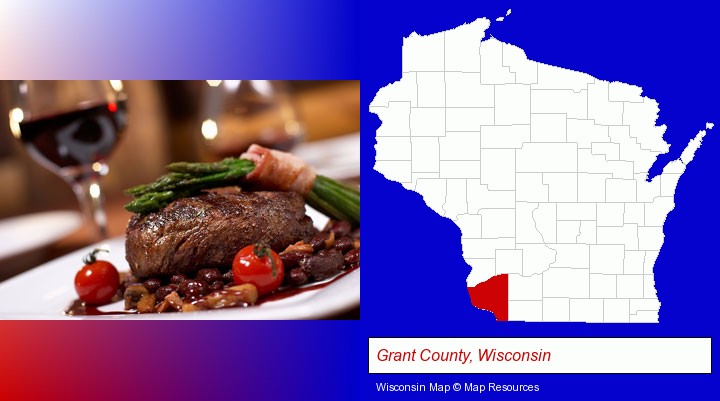 a steak dinner; Grant County, Wisconsin highlighted in red on a map