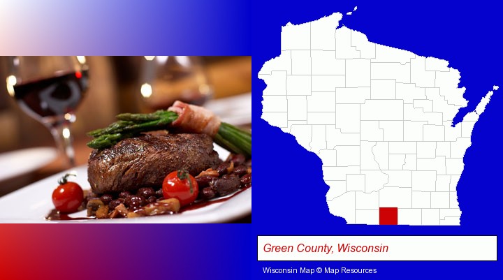 a steak dinner; Green County, Wisconsin highlighted in red on a map