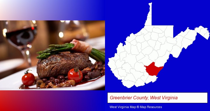 a steak dinner; Greenbrier County, West Virginia highlighted in red on a map