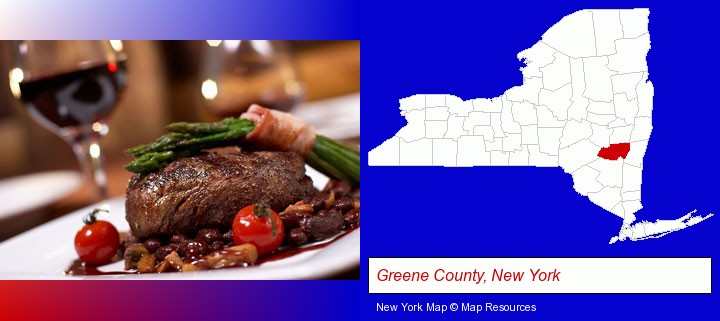 a steak dinner; Greene County, New York highlighted in red on a map