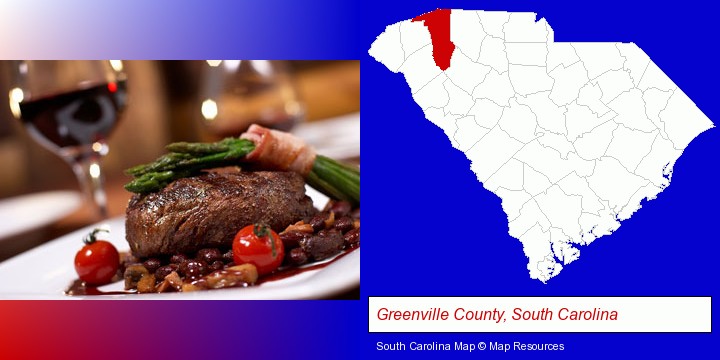 a steak dinner; Greenville County, South Carolina highlighted in red on a map