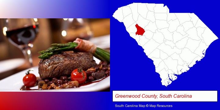 a steak dinner; Greenwood County, South Carolina highlighted in red on a map