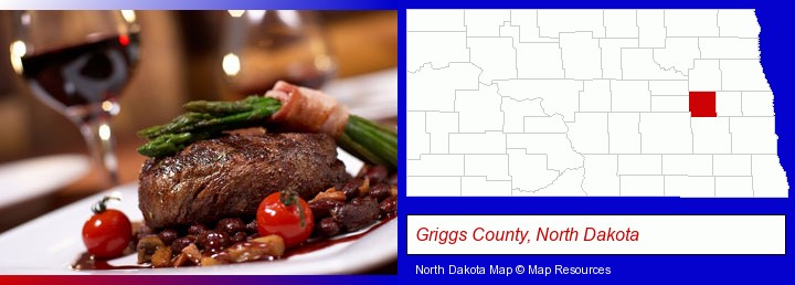 a steak dinner; Griggs County, North Dakota highlighted in red on a map