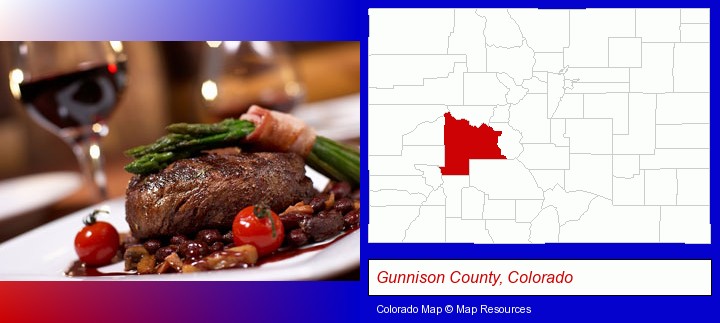 a steak dinner; Gunnison County, Colorado highlighted in red on a map