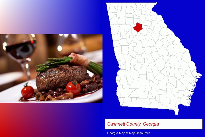 a steak dinner; Gwinnett County, Georgia highlighted in red on a map
