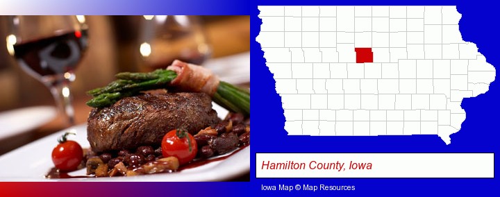 a steak dinner; Hamilton County, Iowa highlighted in red on a map