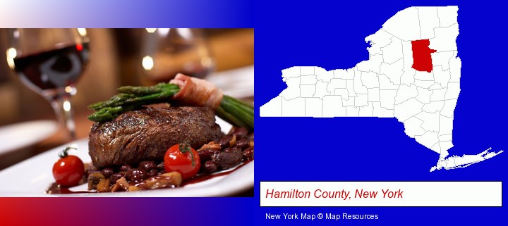a steak dinner; Hamilton County, New York highlighted in red on a map