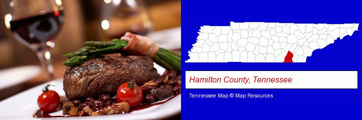 a steak dinner; Hamilton County, Tennessee highlighted in red on a map