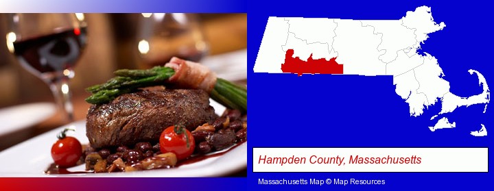 a steak dinner; Hampden County, Massachusetts highlighted in red on a map