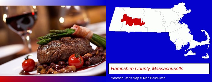 a steak dinner; Hampshire County, Massachusetts highlighted in red on a map