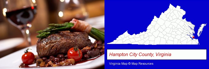a steak dinner; Hampton City County, Virginia highlighted in red on a map
