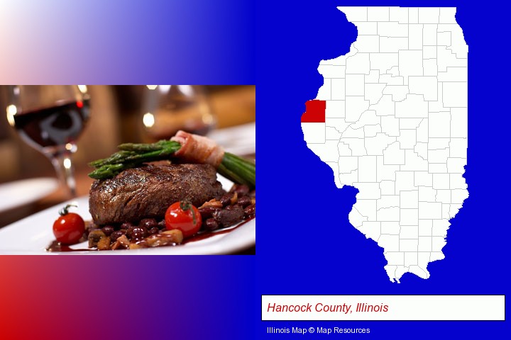 a steak dinner; Hancock County, Illinois highlighted in red on a map