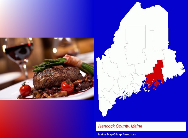 a steak dinner; Hancock County, Maine highlighted in red on a map