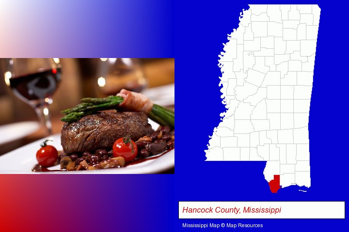 a steak dinner; Hancock County, Mississippi highlighted in red on a map