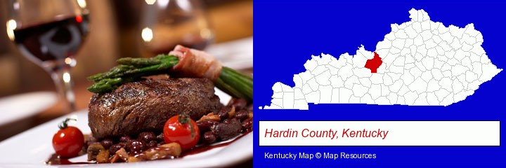 a steak dinner; Hardin County, Kentucky highlighted in red on a map