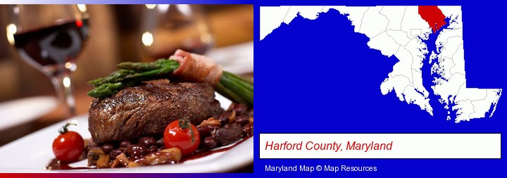 a steak dinner; Harford County, Maryland highlighted in red on a map