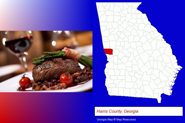 a steak dinner; Harris County, Georgia highlighted in red on a map
