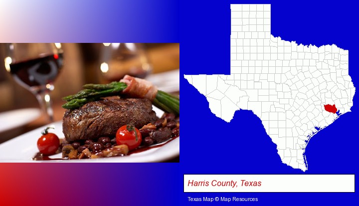 a steak dinner; Harris County, Texas highlighted in red on a map