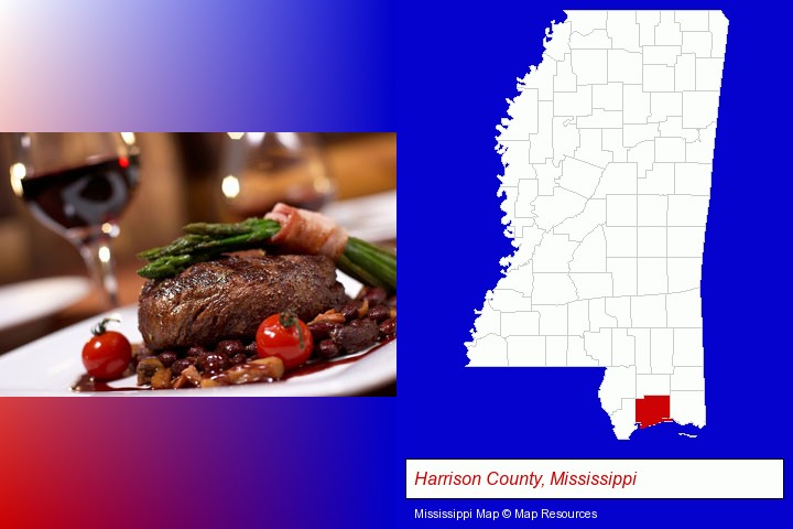 a steak dinner; Harrison County, Mississippi highlighted in red on a map