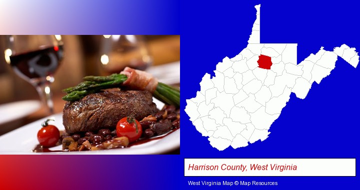a steak dinner; Harrison County, West Virginia highlighted in red on a map