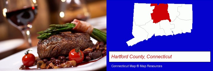 a steak dinner; Hartford County, Connecticut highlighted in red on a map