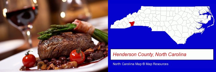 a steak dinner; Henderson County, North Carolina highlighted in red on a map