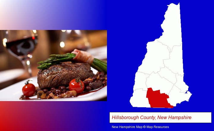 a steak dinner; Hillsborough County, New Hampshire highlighted in red on a map