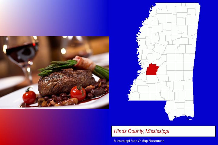 a steak dinner; Hinds County, Mississippi highlighted in red on a map