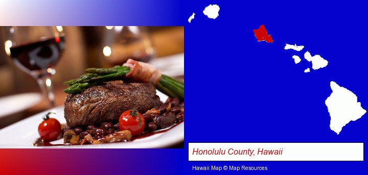 a steak dinner; Honolulu County, Hawaii highlighted in red on a map
